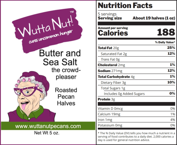 Butter and sea salt roasted pecan halves family size nutrition label