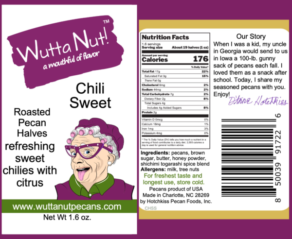 Chili Sweet snack pouch front label and nutrition label