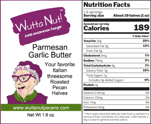 Parmesan garlic butter roasted pecan halves snack pack nutrition label