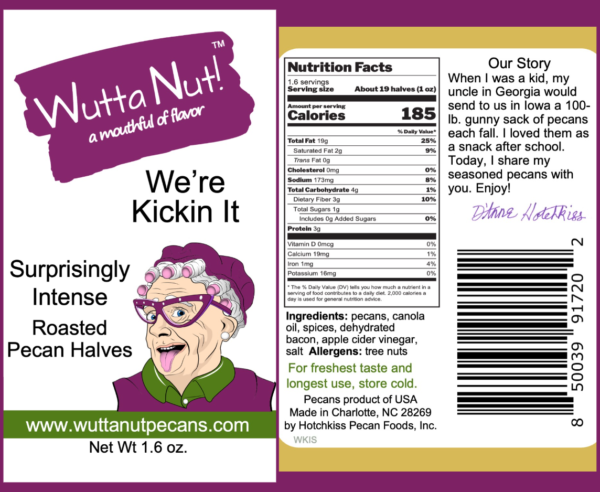 We're Kickin' It pouch front label and nutrition label