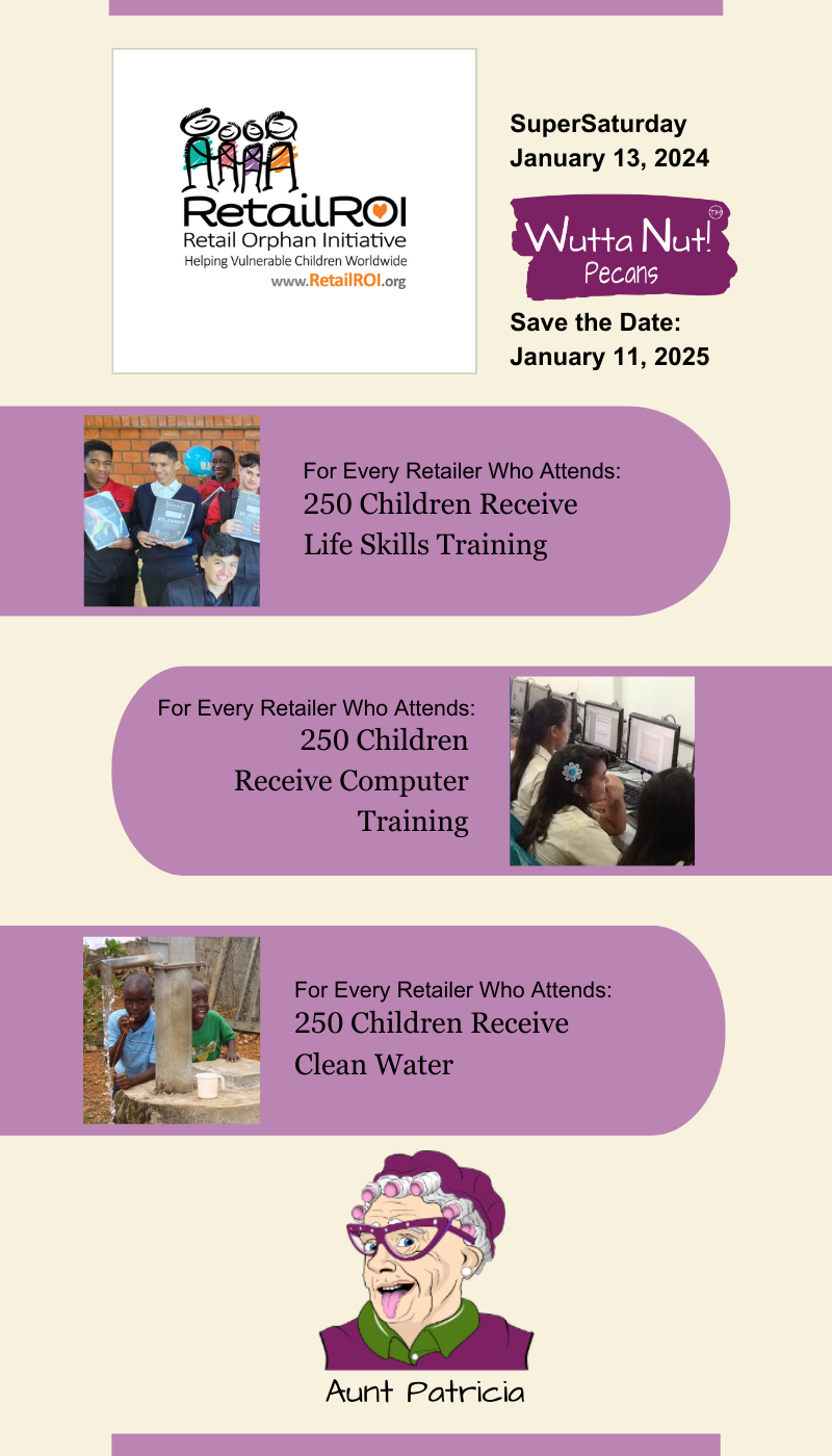 Infographic. Facts shown: for every retailer who attends, 250 children receive life skills training or computer training or access to clean water through a new well