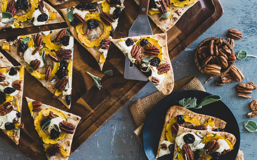 Pecan and Squash Flatbread with Dried Cherries and Ricotta